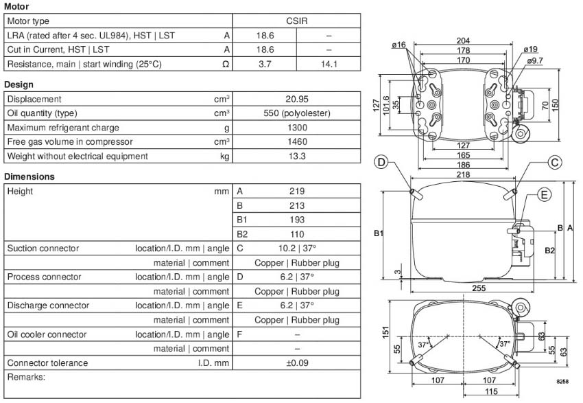 Габаритный чертёж спирального компрессора SC21F