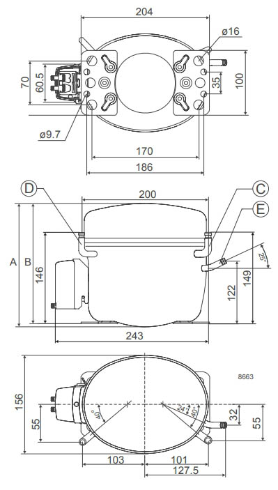 Габаритный чертёж компрессора FR10G