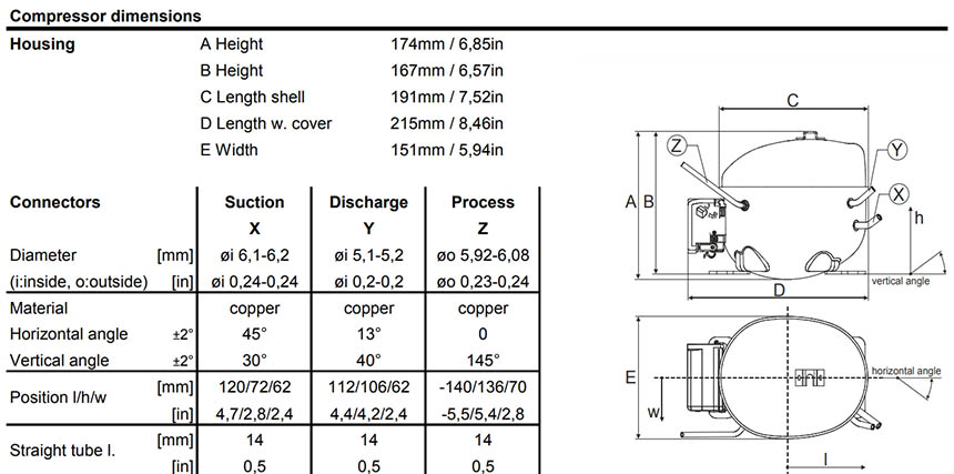 Габаритный чертёж компрессора Secop GTK70AT