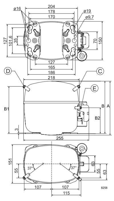 Габаритный чертёж компрессора SC15F