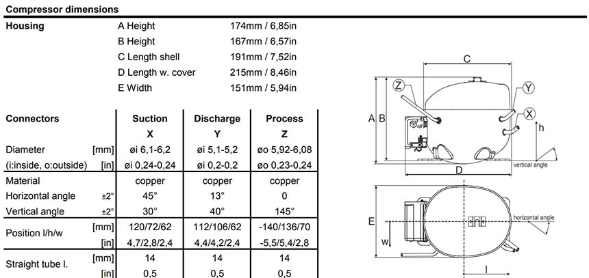 Габаритный чертёж компрессора Secop GTK80AT
