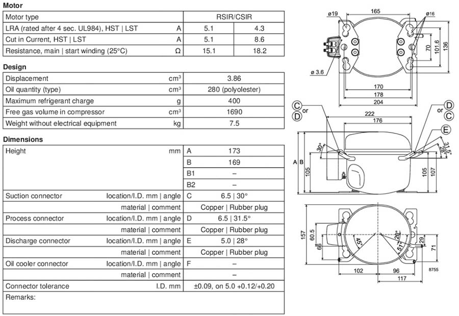 Габаритный чертёж компрессора TL4GH